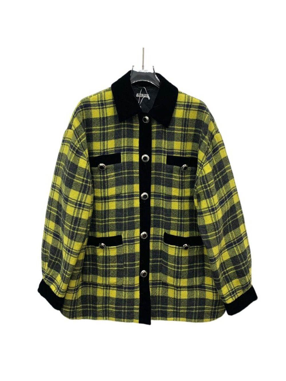 Miu Miu Color-Block Plaid Wool Notched Collar Single-Breasted Jacket